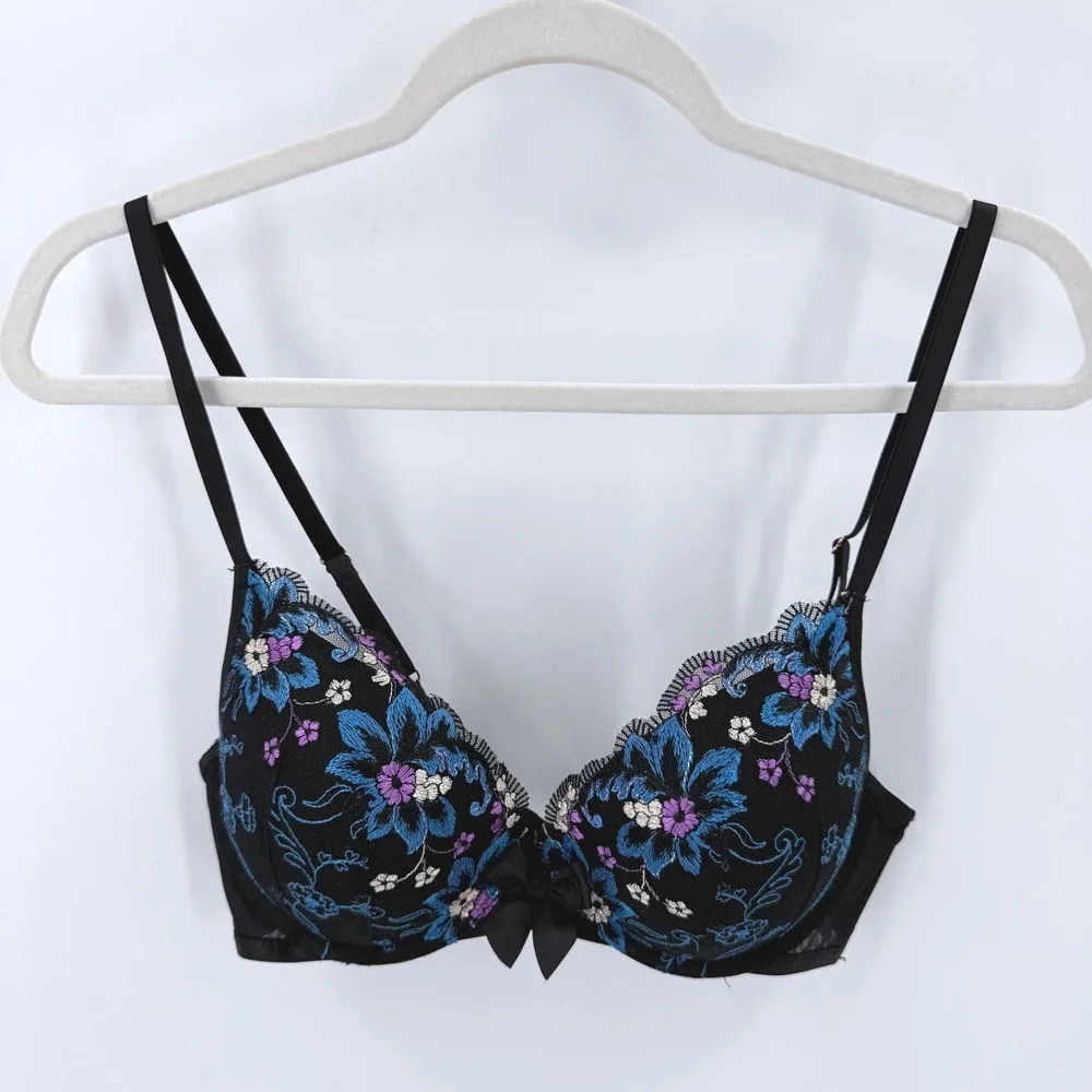 Savage X Fenty Wallflower Black Blue Embroidered Push Up Bra 34C Underwire Mesh